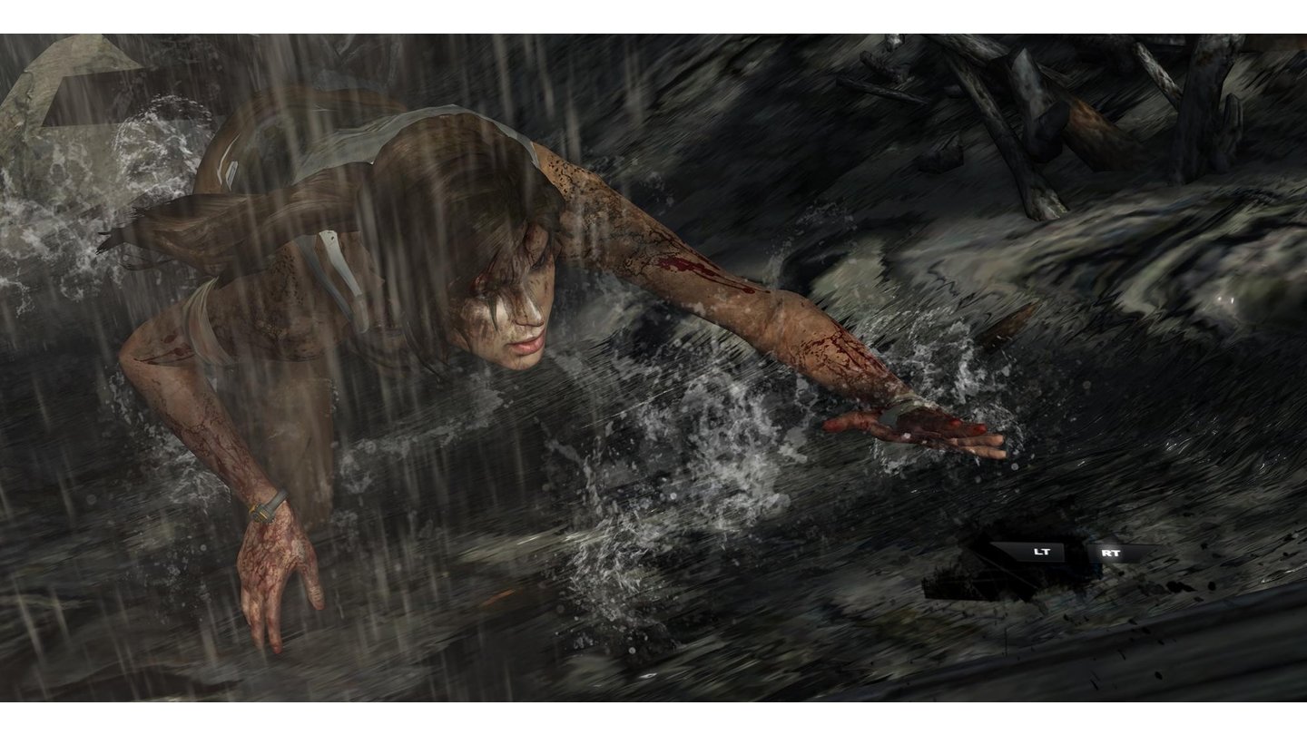 Tomb RaiderDamit Lara nicht abrutscht und in den Tod stürzt, muss der Spieler abwechselnd zwei Tasten (im Bild die Xbox-Befehle) drücken.