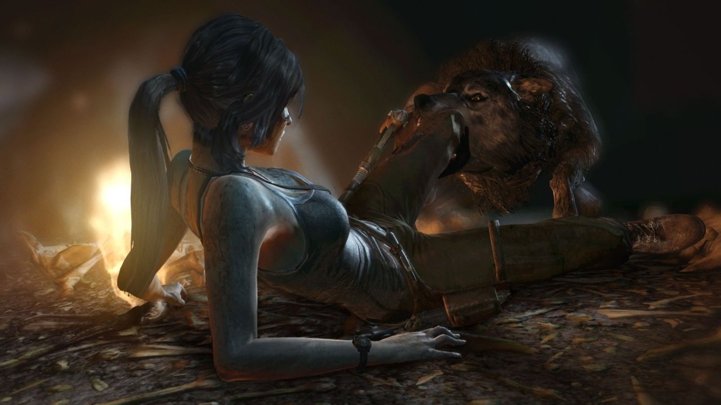 Tomb RaiderDas wird dem Wolf nicht bekommen: Obwohl Lara ein zierliches, junges Ding ist, weiß sie sich zu helfen.