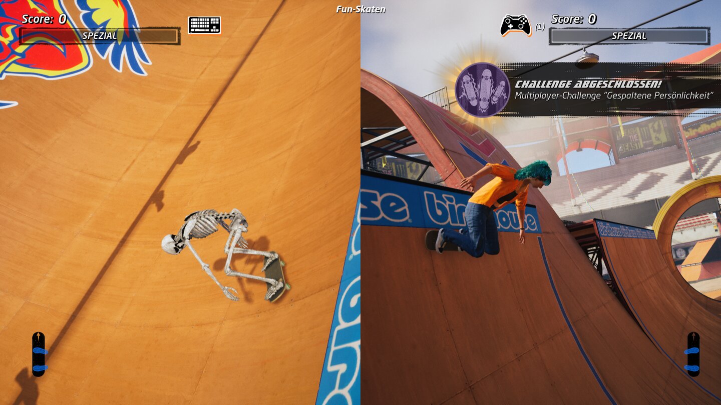 Tony Hawks Pro Skater 1+2Kaum zu glauben: Splitscreen am PC! Links seht ihr übrigens, wie ihr euch fühlt, wenn ihr Tony Hawk’s Pro Skater mit der Tastatur spielt.