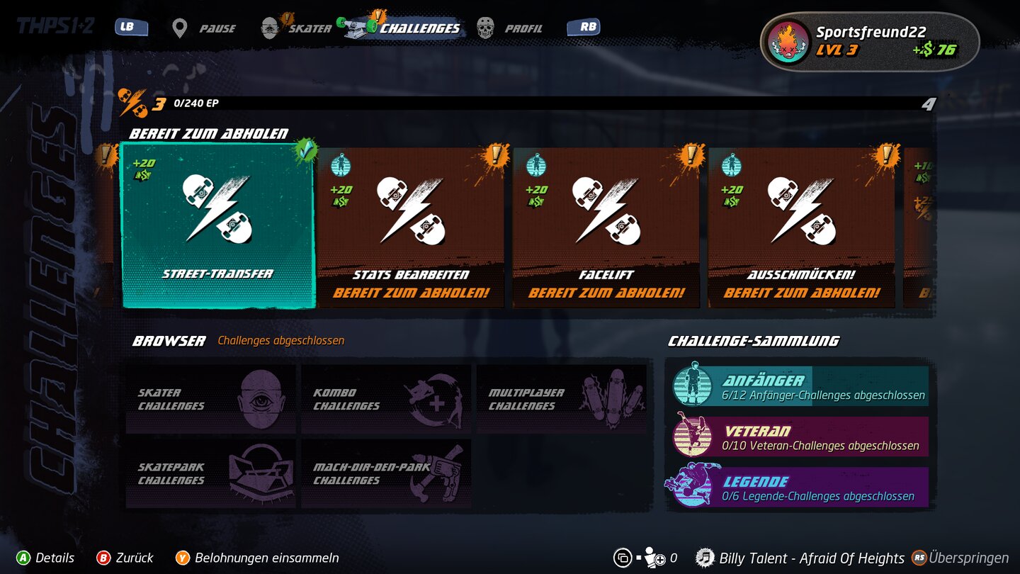 Tony Hawks Pro Skater 1+2Das neue Challenge-System bombardiert uns geradezu mit freischaltbaren Erfolgen, das so verdiente Geld investieren wir in Klamotten und neue Boards.