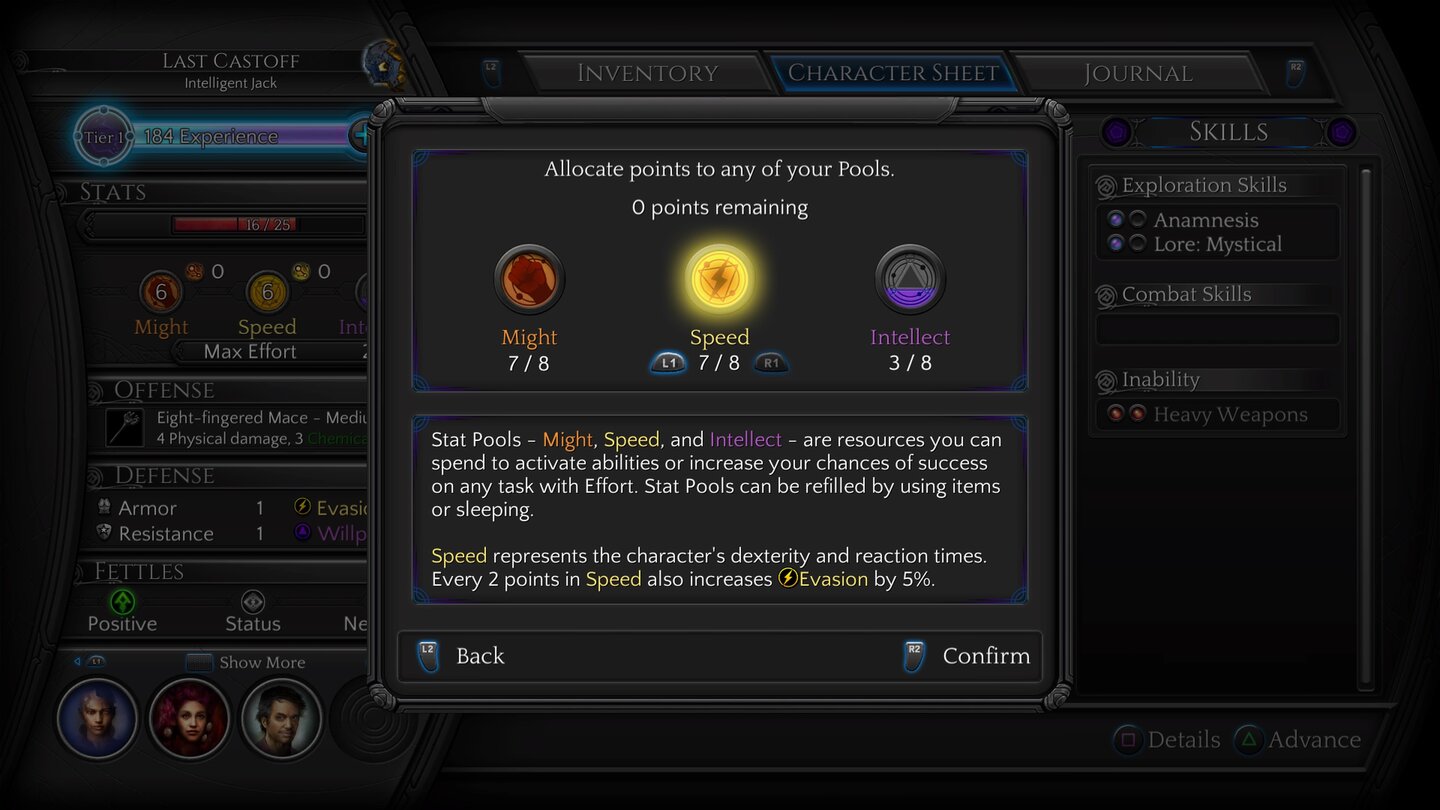 Torment - Tides of Numenera
Beim Levelaufstieg verteilen wir Fertigkeitspunkte auf drei Ressourcen-Pools.