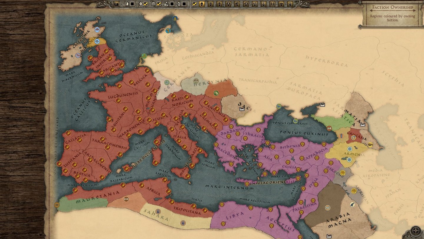 Total War: AttilaZu Spielbeginn reicht das geteilte Römische Reich noch von Ägypten bis nach Britannien. Das ändert sich jedoch sehr schnell.