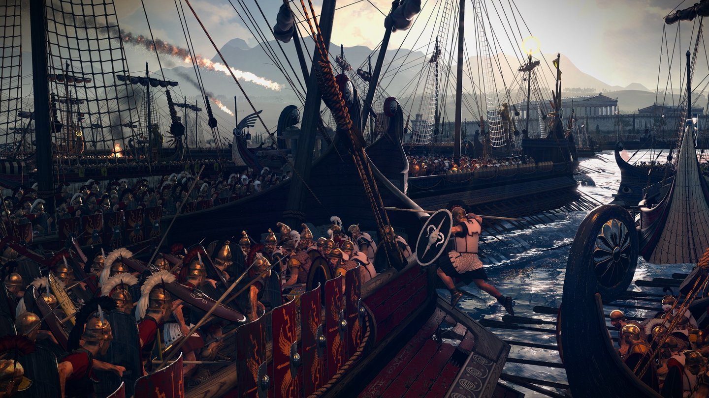 Total War: Rome 2Beim Enterkampf springt die Besatzung des Angreifers hinüber aufs feindliche Deck.