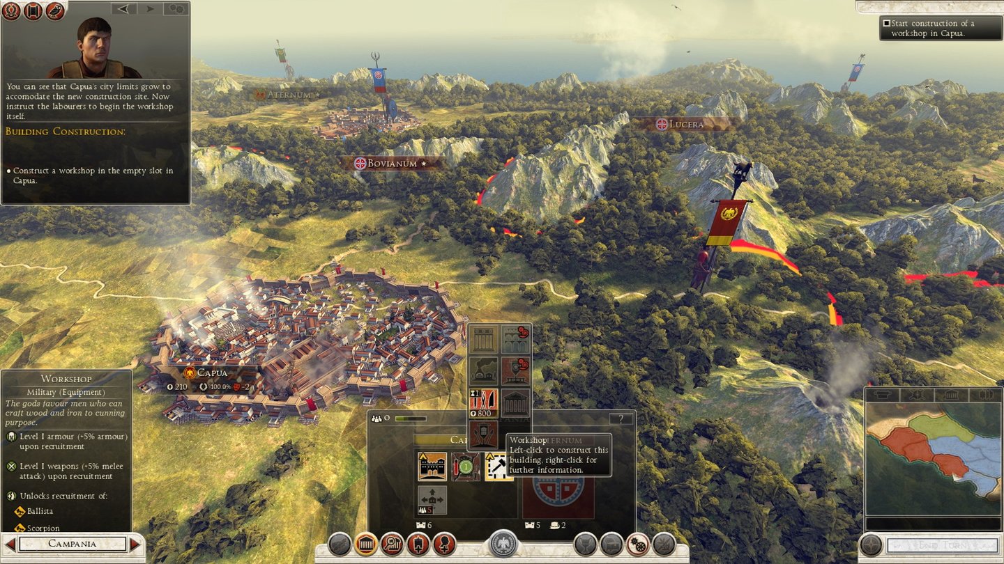 Total War: Rome 2Der Tutorial-Berater (oben links) erklärt, wie wir Städte ausbauen.