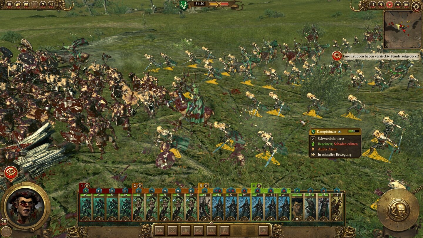 Total War: Warhammer - Realm of the Wood ElvesMit unseren Kampftänzern fallen wir den Tiermenschen in die Flanke.