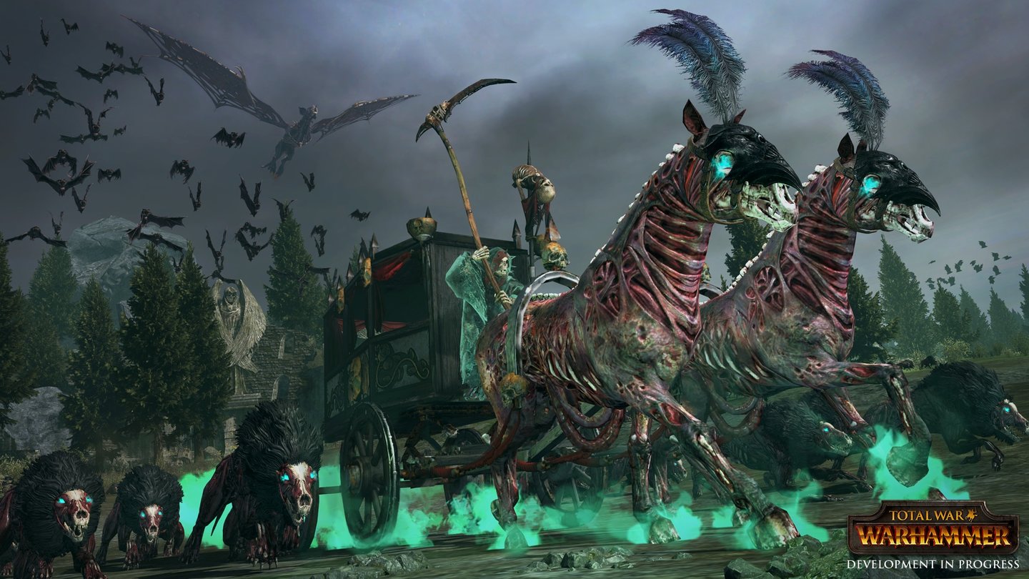Total War: WarhammerAls Kampfwagen unterstützt die Schwarze Kutsche unsere Schattenwölfe beim Angriff.
