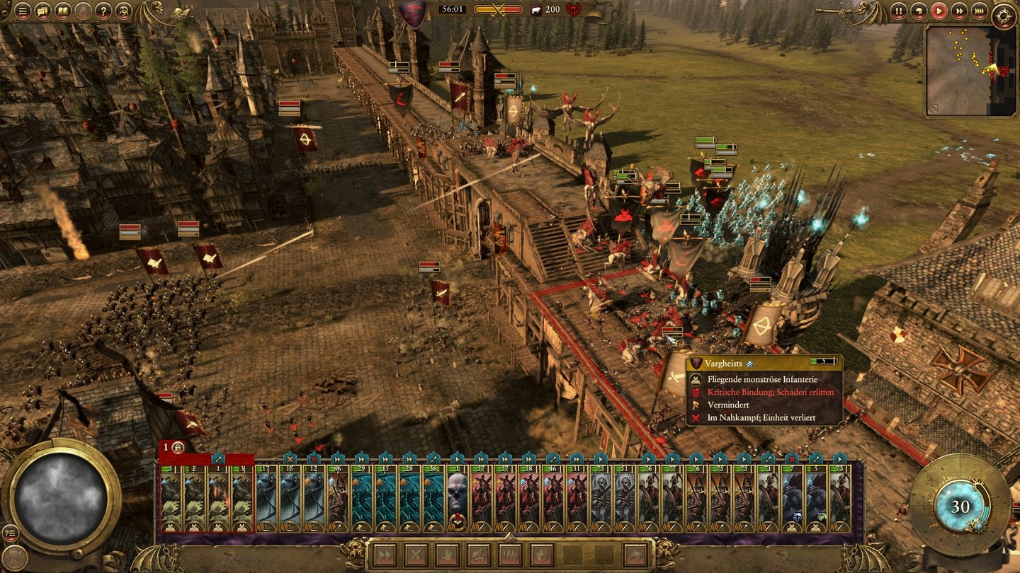 Total War: WarhammerUnsere Flugeinheiten haben die Verteidiger auf der Mauer schonmal ordentlich durcheinandergewirbelt, bevor die Gespenster durch die Belagerungstürme angreifen.