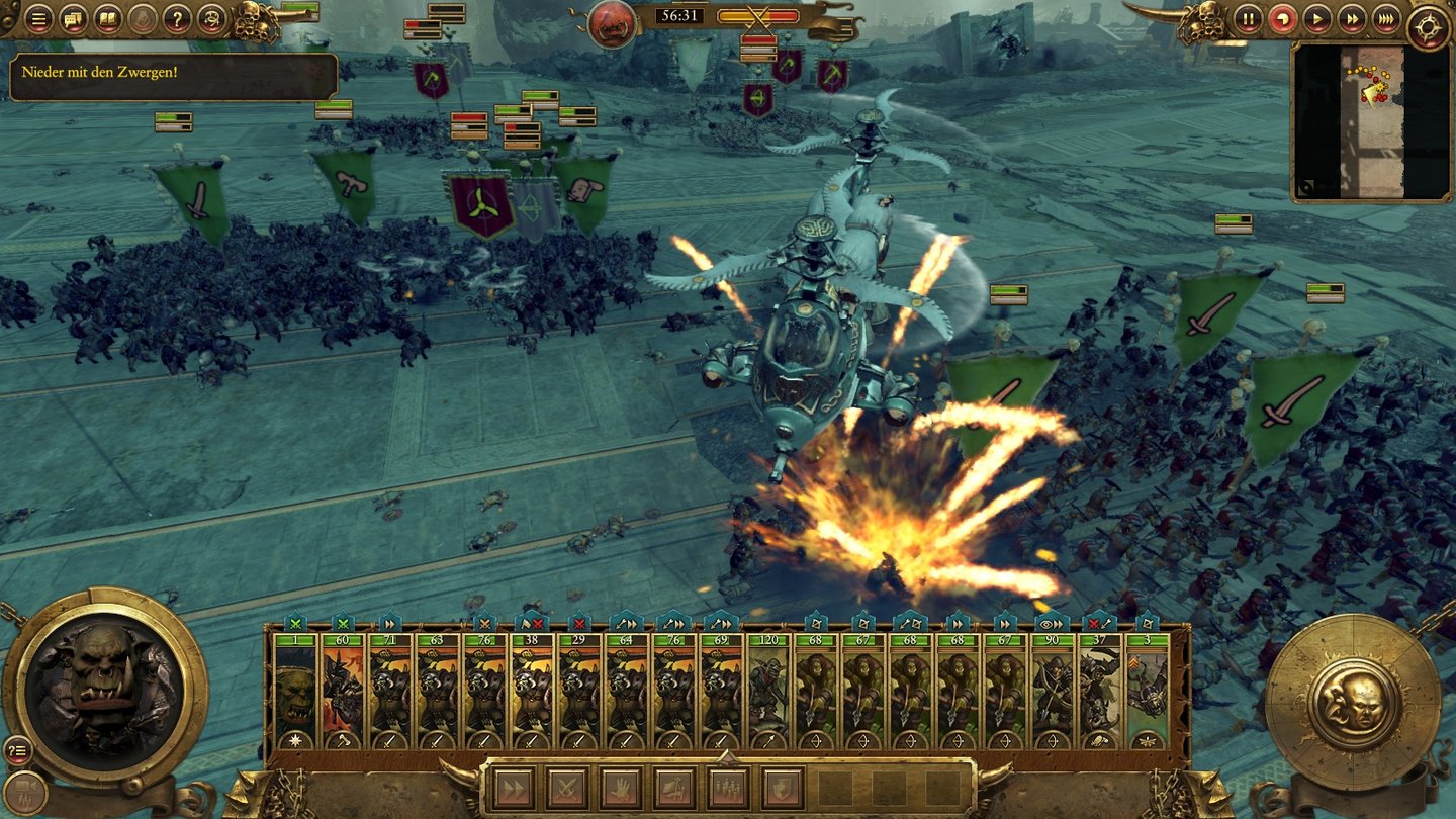 Total War: WarhammerEin zwergischer Gyrobomber bereitet unseren Orks eine explosive Überraschung.