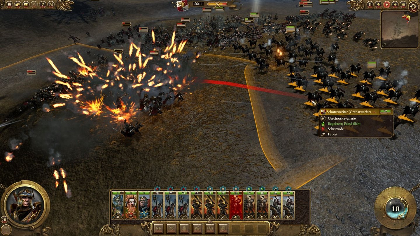 Total War: WarhammerUnsere Granatenreiter bombardieren anstürmende Chaoskrieger.