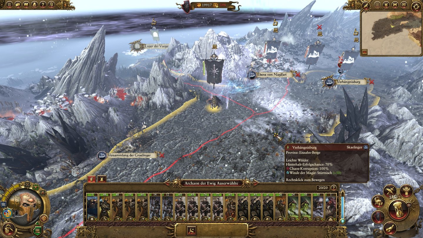 Total War WarhammerAuf der Kampagnenkarte ziehen wir mit unserer Chaoshorde durch den Norden, um Barbaren zu unterwerfen.