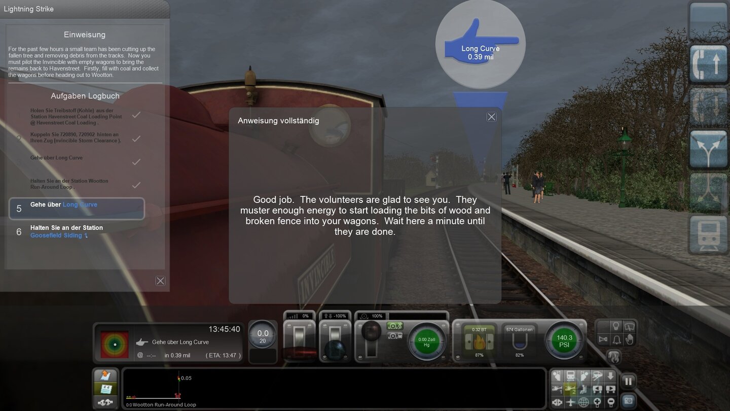 .Train Simulator 2013Schritt 9: Ja, sind wir -- ein Textfenster verrät, dass die Arbeiter jetzt Holz- und Zaunstücke aufladen.