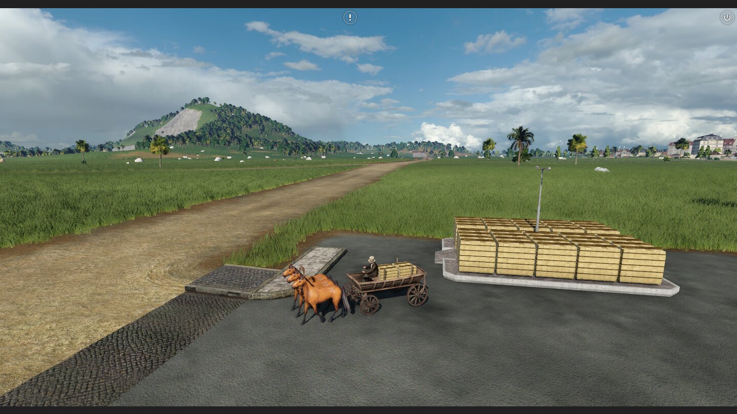 Transport Fever 2Lastkutschen holen dort die Bretter vom Hafen ab und bringen sie zur Werkzeugfabrik.