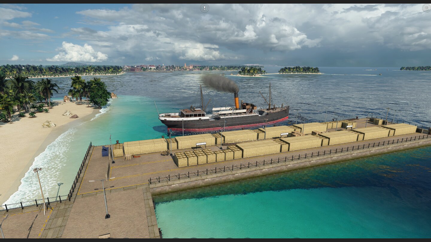 Transport Fever 2Vom Hafen beim Sägewerk werden die Bretter in Richtung Werkzeugfabrik verschifft, die weit entfernt auf einer Halbinsel liegt.