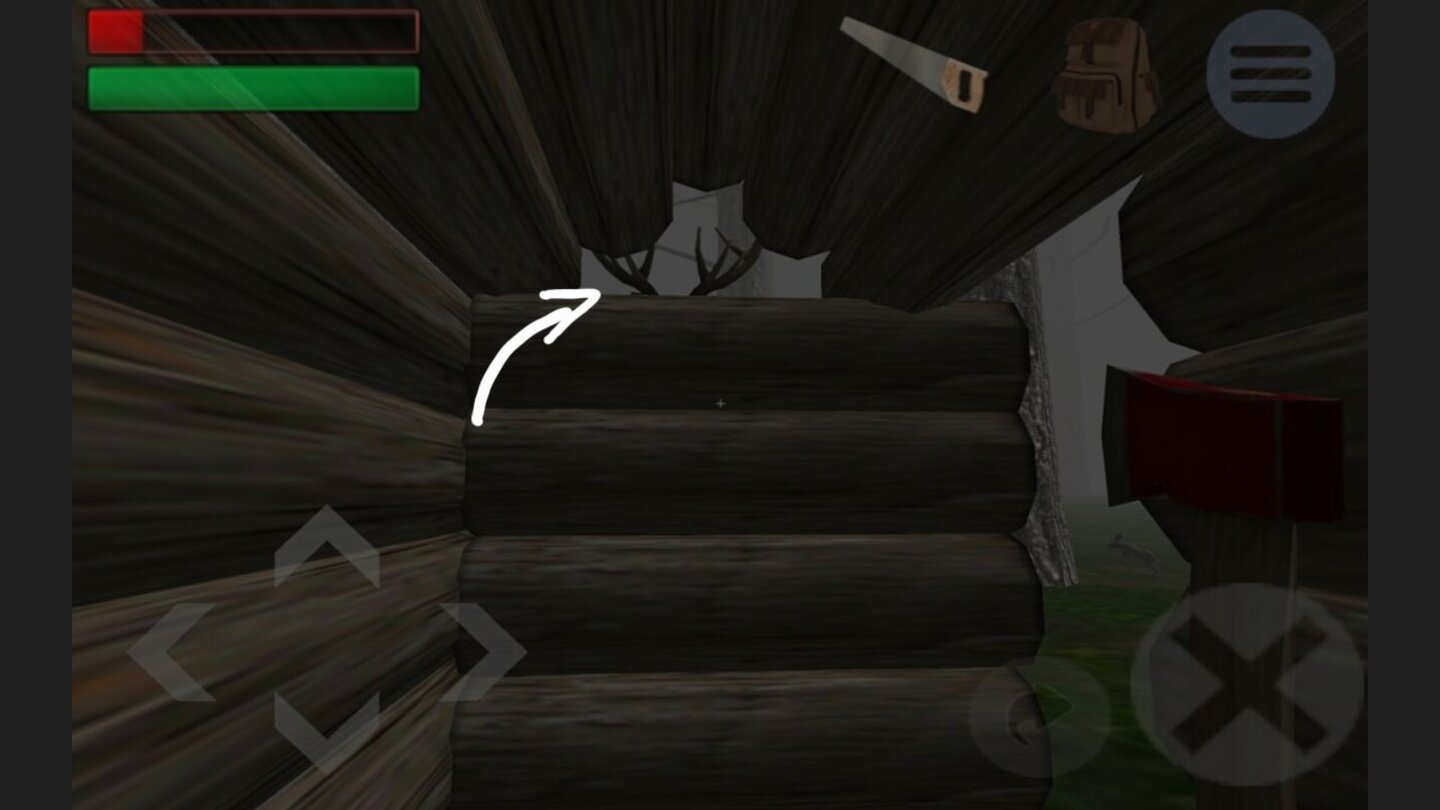 Trapped in the Forest...aber nur, wenn er nicht zu nahe an die Wände geht. Der Gegner hier (im Bild zu erkennen am Geweih) kann uns zum Beispiel auch von draußen angreifen, wenn wir zu nahe an die Wand kommen.