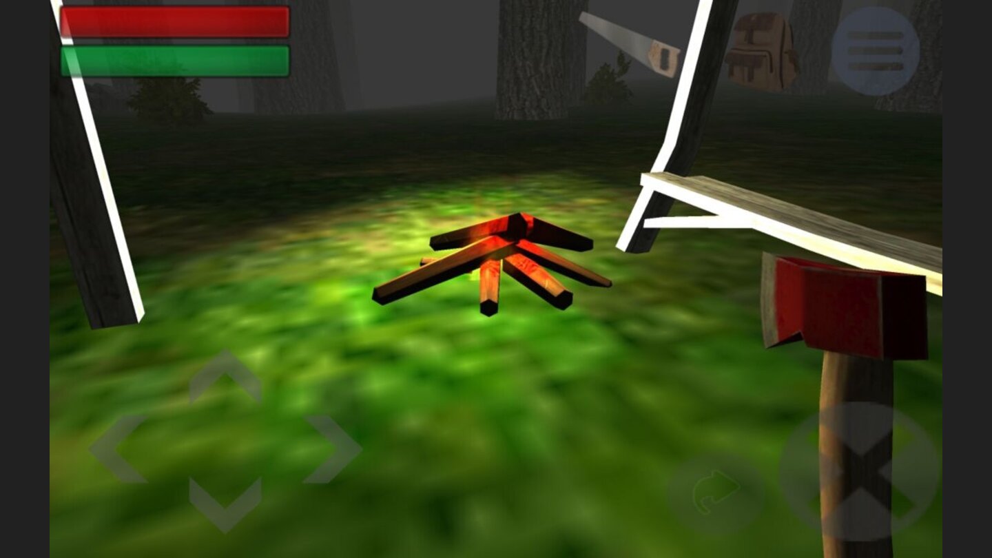 Trapped in the ForestAls erstes empfiehlt sich ein Holzfeuer, denn daran kann man seine Energie wieder aufladen. Am besten baut man es, wie hier im Bild, in einen Unterstand...