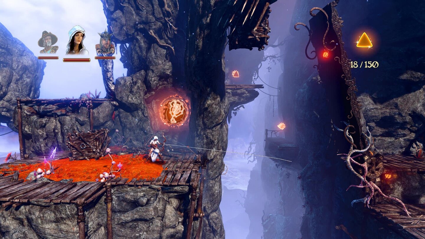 Trine 3: Artifacts of PowerMit dem Bogen lockern wir die Halterung der Brücke. Alternativ könnten wir mit dem Ritter vorbeisegeln, verzichten dann aber auf Orbs.