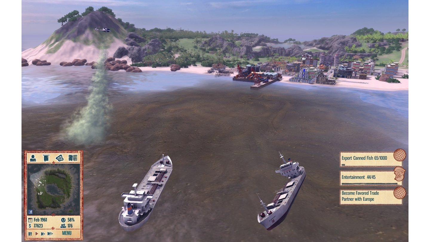 Tropico 4Zwei Neuerungen auf einem Bild: Im Vordergrund die Ölkatastrophe, rechts unsere aktuellen Aufgabenstellungen.