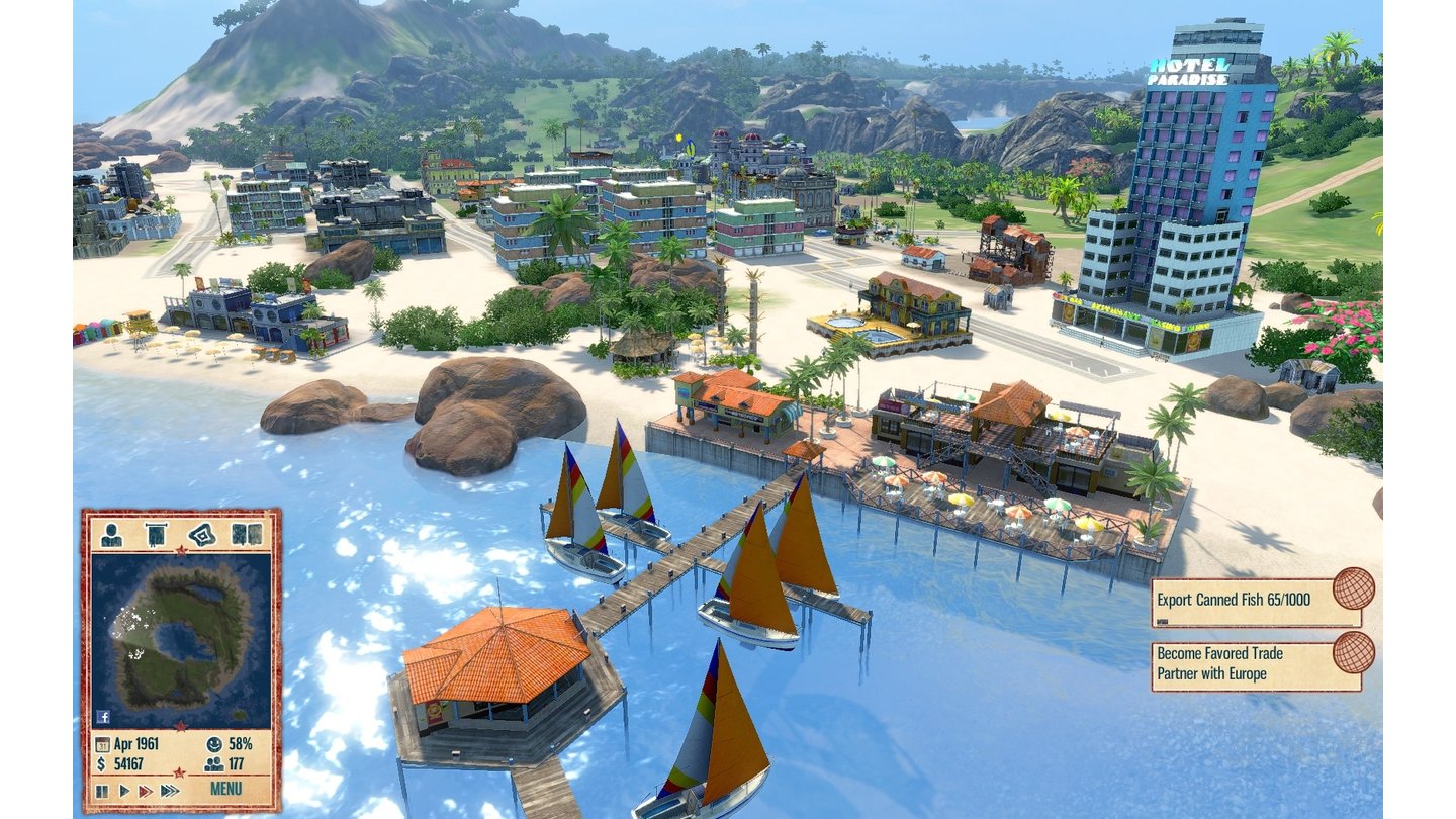 Tropico 4Unsere Touristenfalle mit Yachthafen, Cocktailbar, Strandbad, Spa und dem neuen Wolkenkratzer-Hotel. Letzteres müssen wir zwingend mit Strom versorgen.