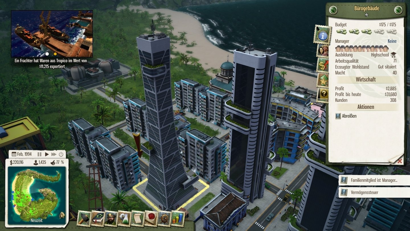 Tropico 5Per Klick checken wir die Details jedes Gebäudes und informieren uns über Mitarbeiter, Budgets, Profite und so weiter.