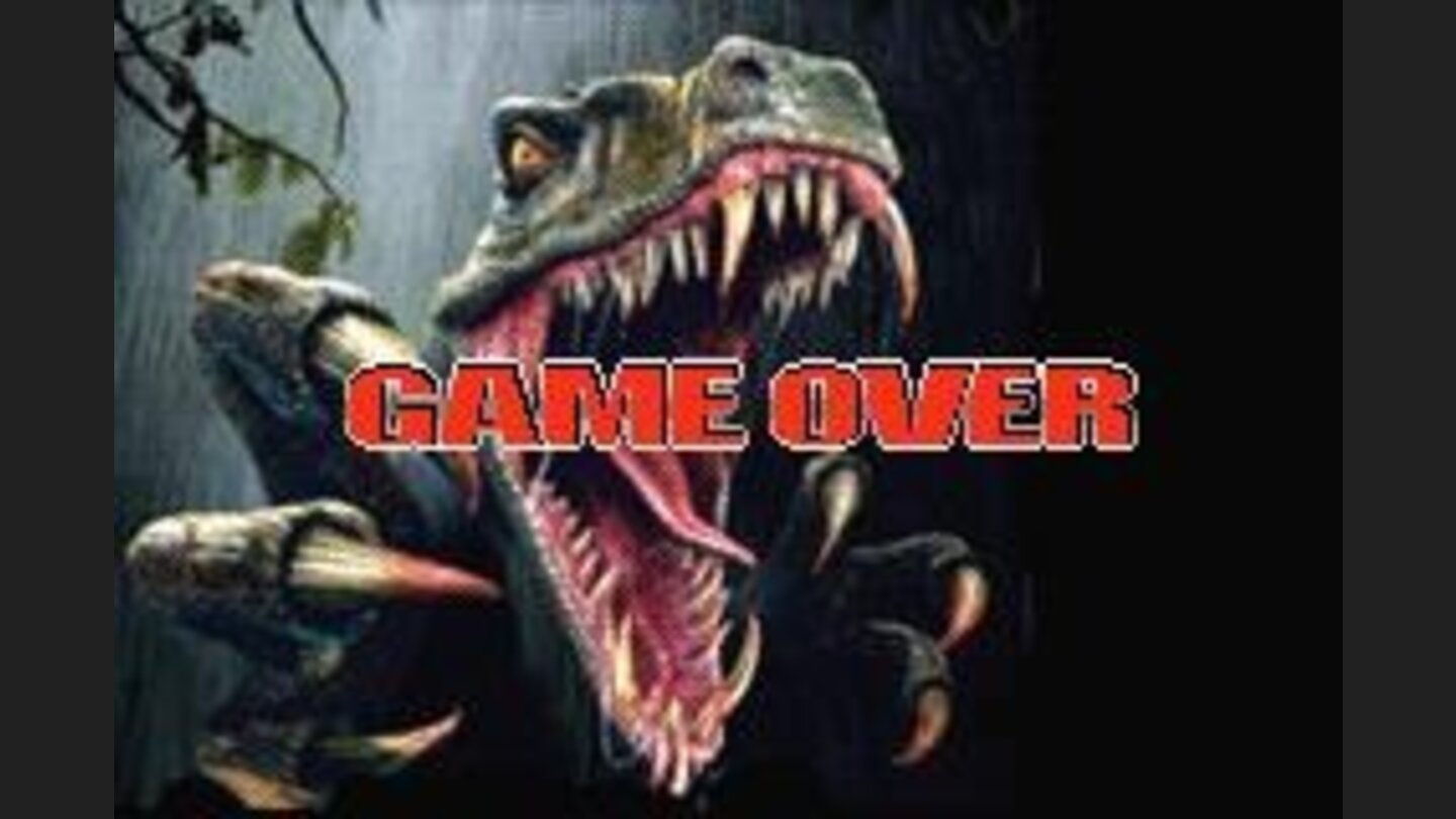 Game Over screen with a hunger and big-toothed dinosaur .