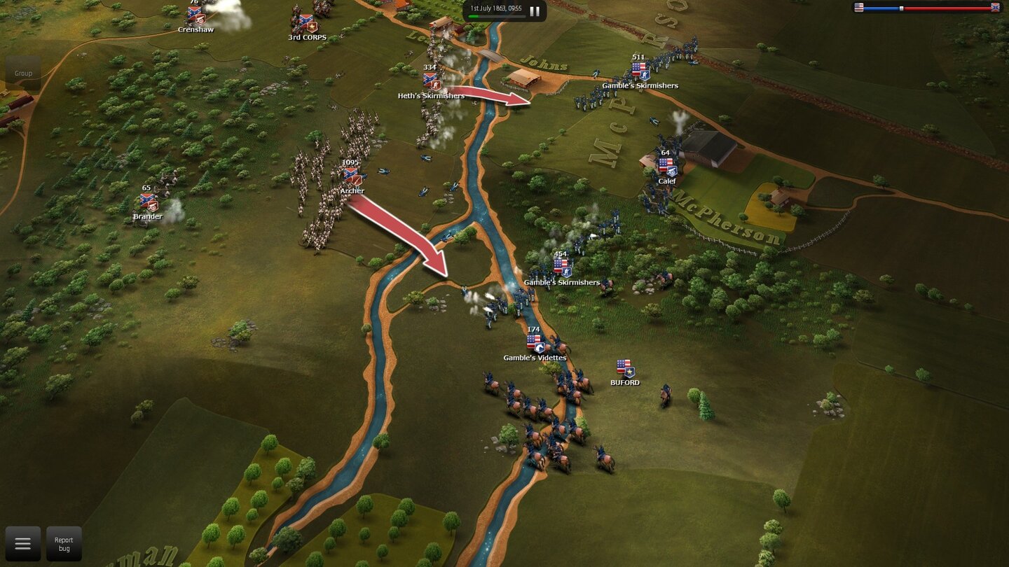 Ultimate General: Gettysburg - Screenshost aus der Early-Access-VersionDie aggressive KI der Nordstaaten-Armee (rechts) geht zu sehr über die Flanken, was sich ausnutzen lässt. Die Brigaden Archer und Davis ziehen die Schlachtlinie auseinander, durch die Mitte stürmen unsere Plänkler und stiften Chaos.