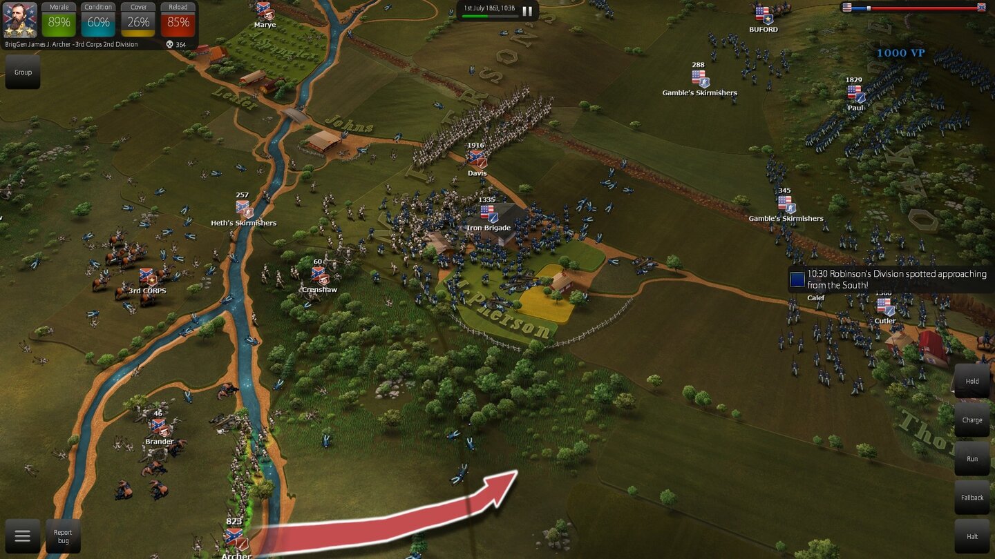Ultimate General: Gettysburg - Screenshost aus der Early-Access-VersionUnsere Truppen kommen über Mc Pherson’s Hügel – nur um festzustellen, dass der Gegner bereits massiv an Verstärkungstruppen auffährt. Jetzt müssen wir uns zurückziehen, die Schlachten wiegen hin und her.