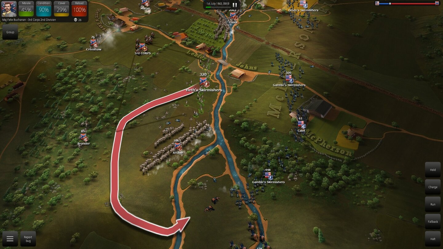 Ultimate General: Gettysburg - Screenshost aus der Early-Access-VersionWenn unsere Truppen dem Gegner in die Flanke fallen sollen, zeichnen wir den Befehl einfach auf – noch nicht war Befehle erteilen so befriedigend.