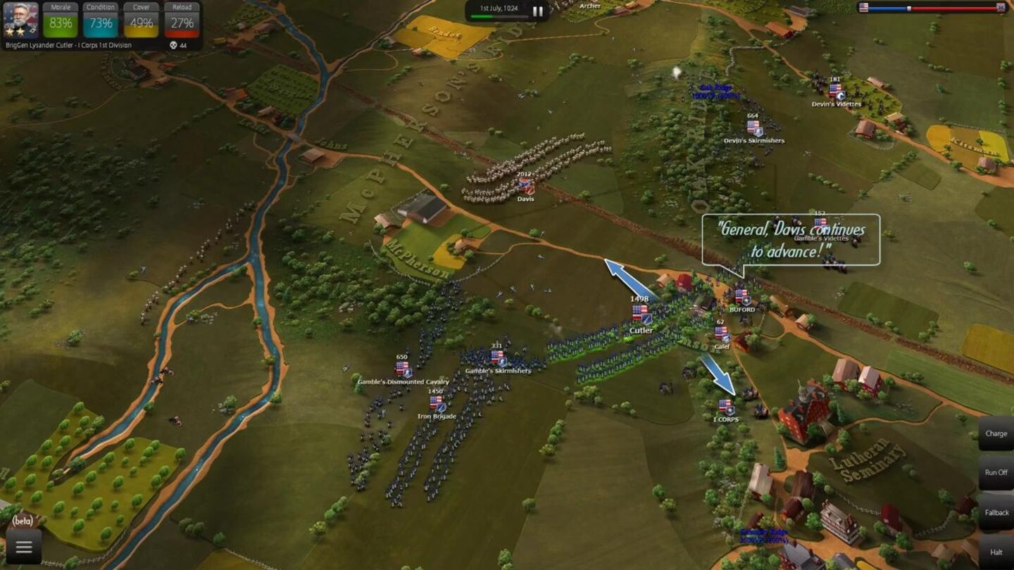 Ultimate General: Gettysburg
Atmosphäre ist das A und O: Unsere Generäle kommentieren Befehle, was unserer Aufklärer entdecken und weisen auf das Verhalten unseres Gegners hin.