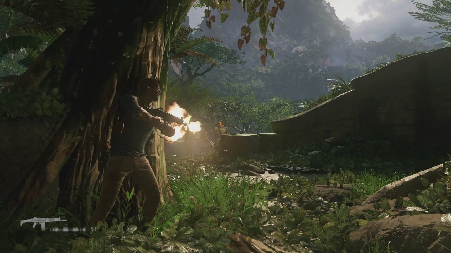 Uncharted 4: A Thief's EndEchtzeit-Licht- und Schatteneffekte wie beim Mündungsfeuer sorgen für eine stimmige Atmosphäre.