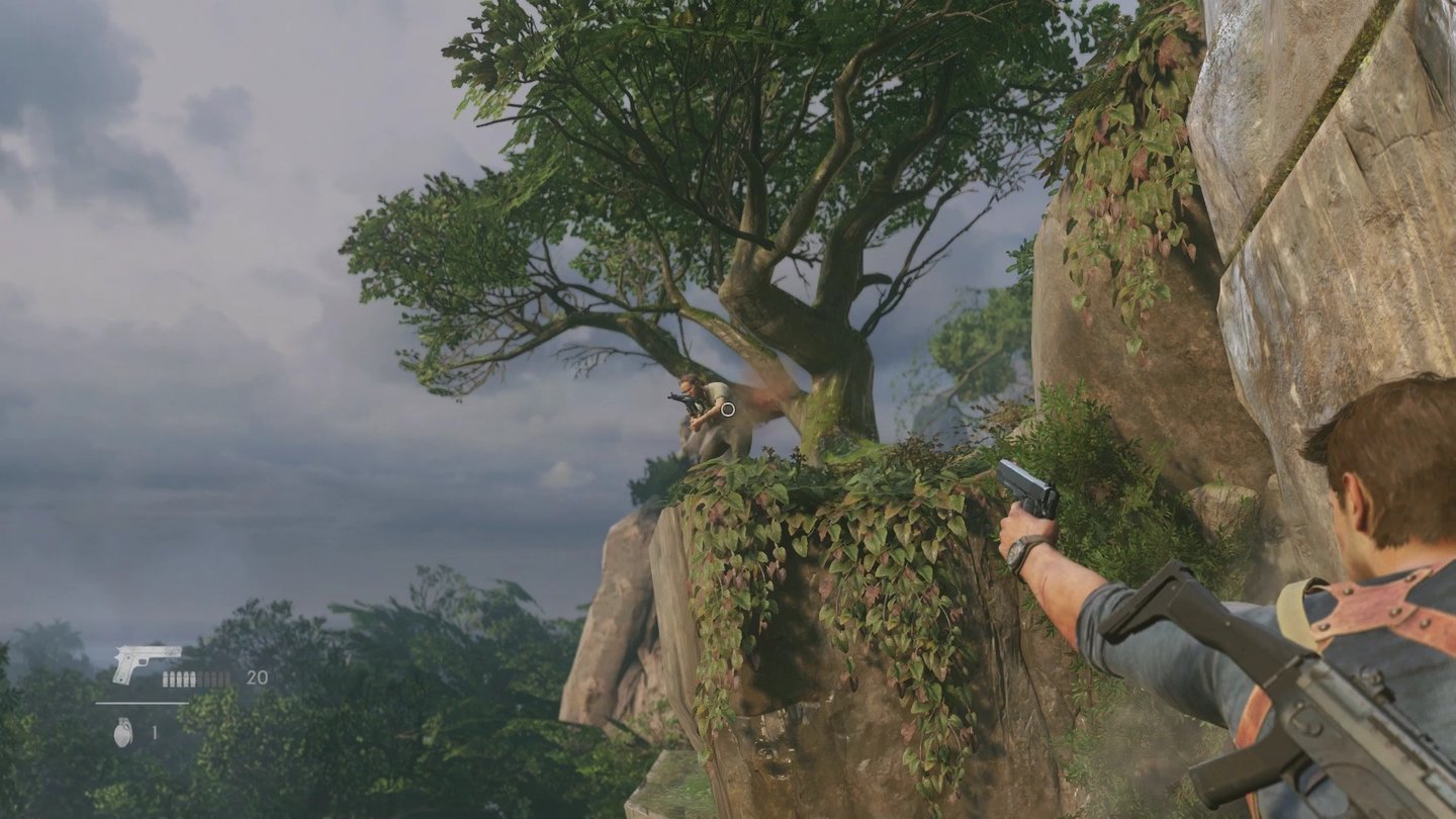 Uncharted 4: A Thief's EndWenn mal keine Deckungsmöglichkeit in der Nähe ist, ballert Drake eben einarmig von der Klippe hängend.