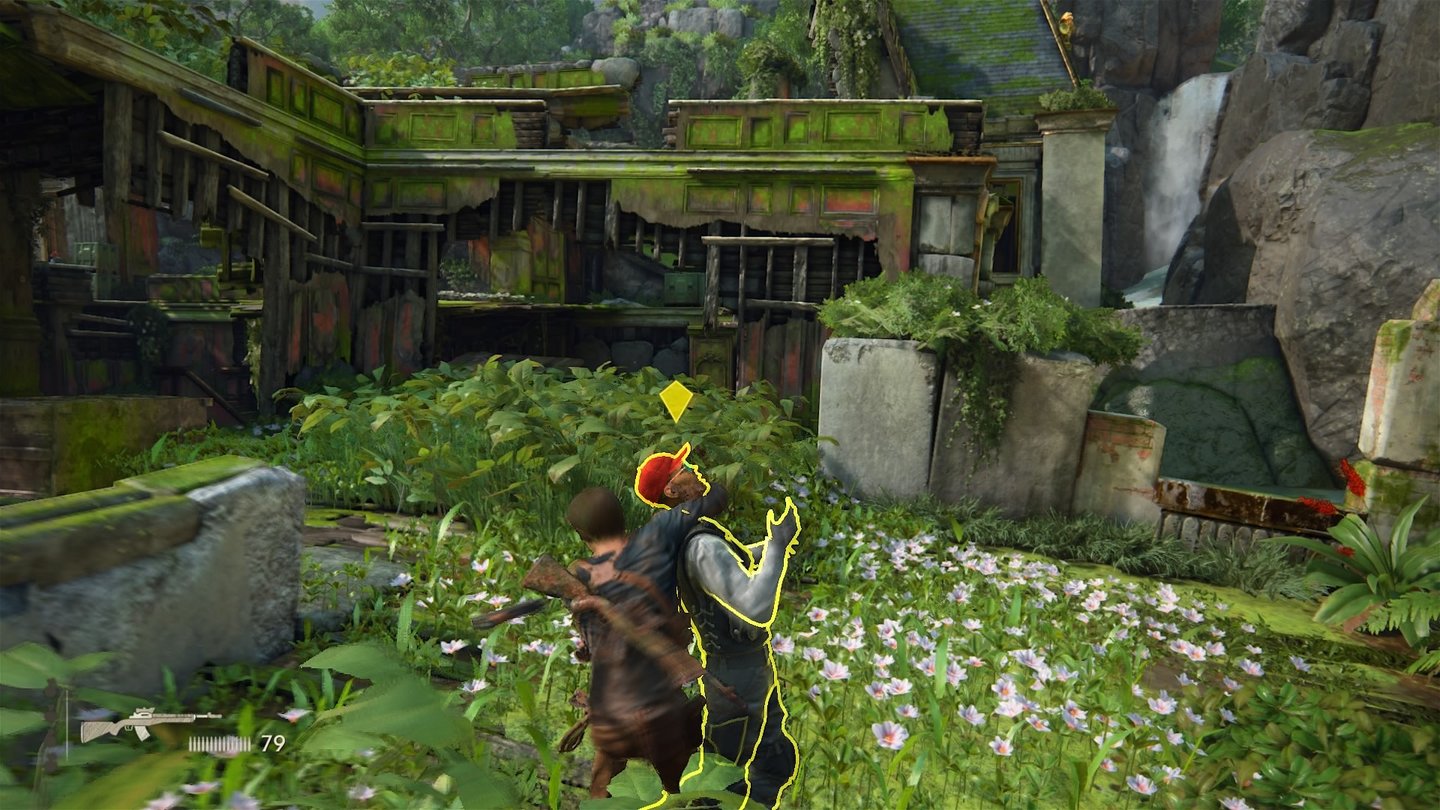 Uncharted 4: A Thief's EndIn hohem Gras können wir uns prima verstecken, um patrouillierende Söldner leise und unbemerkt auszuschalten.