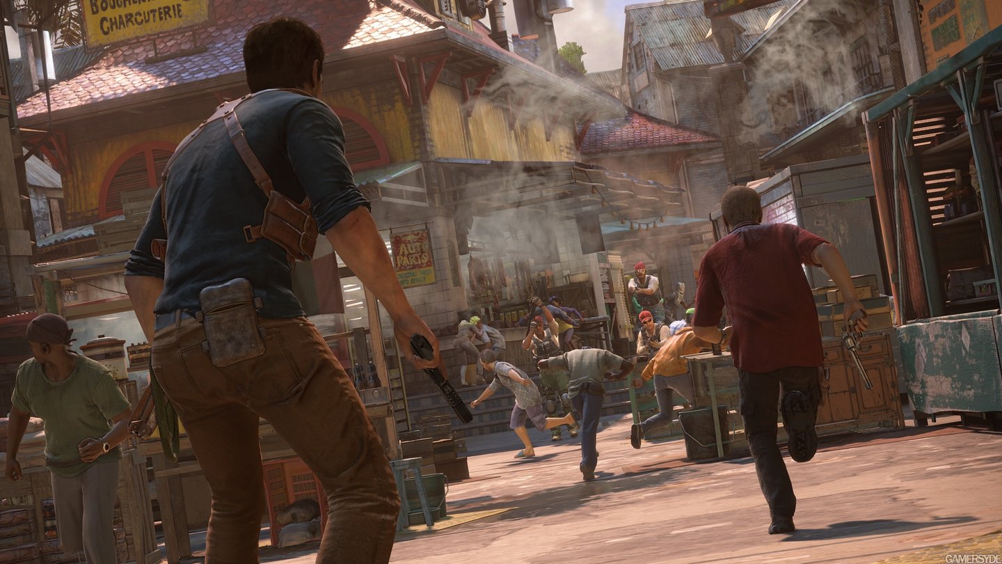 Uncharted 4: A Thief's EndIn der E3-Präsentation rennen Nate und Sully durch eine Menschenmenge.
