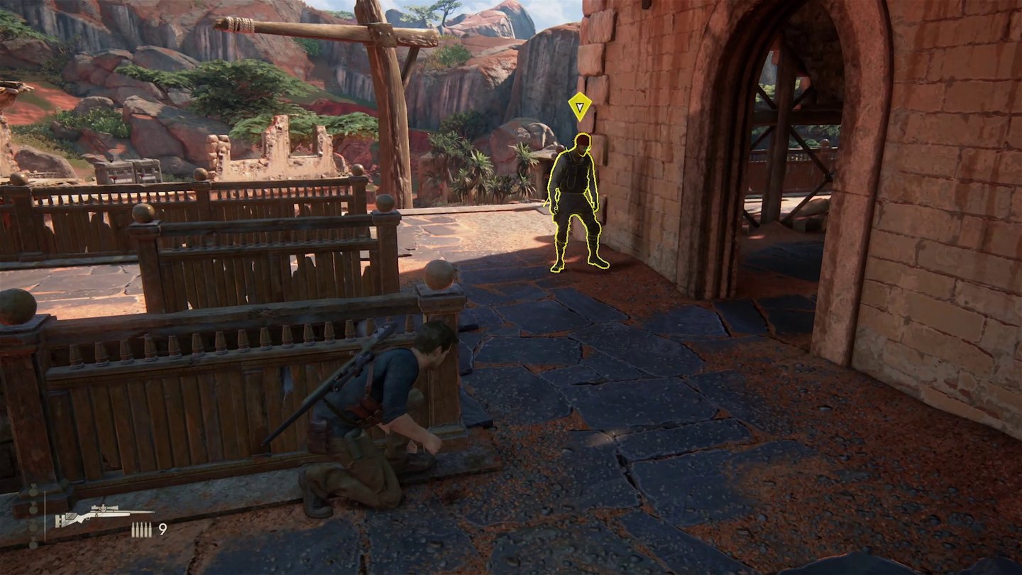 Uncharted 4: A Thief's EndDie neue Anzeige über dem Kopf dieses Söldners zeigt seinen Alarmzustand. Gelb bedeutet: Der Kerl ist misstrauisch. Zurecht, denn Nathan wird ihm gleich eine verpassen.