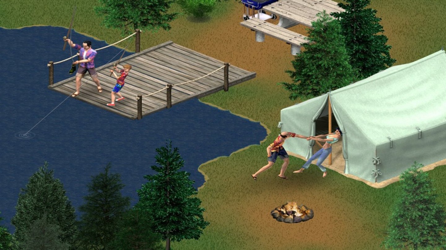 Die Sims: Urlaub Total (2002) In Urlaub Total, das 2002 erschien, war es erstmals möglich, eine ganze Familie an einen anderen Ort in der Spielwelt zu verlegen. Auf Vacation Island können Spieler zwischen Strand-, Wald-, und Schneelandschaften wählen, in denen die Sims ihren Urlaub verbringen. Wir verbringen die Nächte entweder in Hotelzimmern oder auf Campingplätzen und können auf der Insel Souvenirs kaufen.