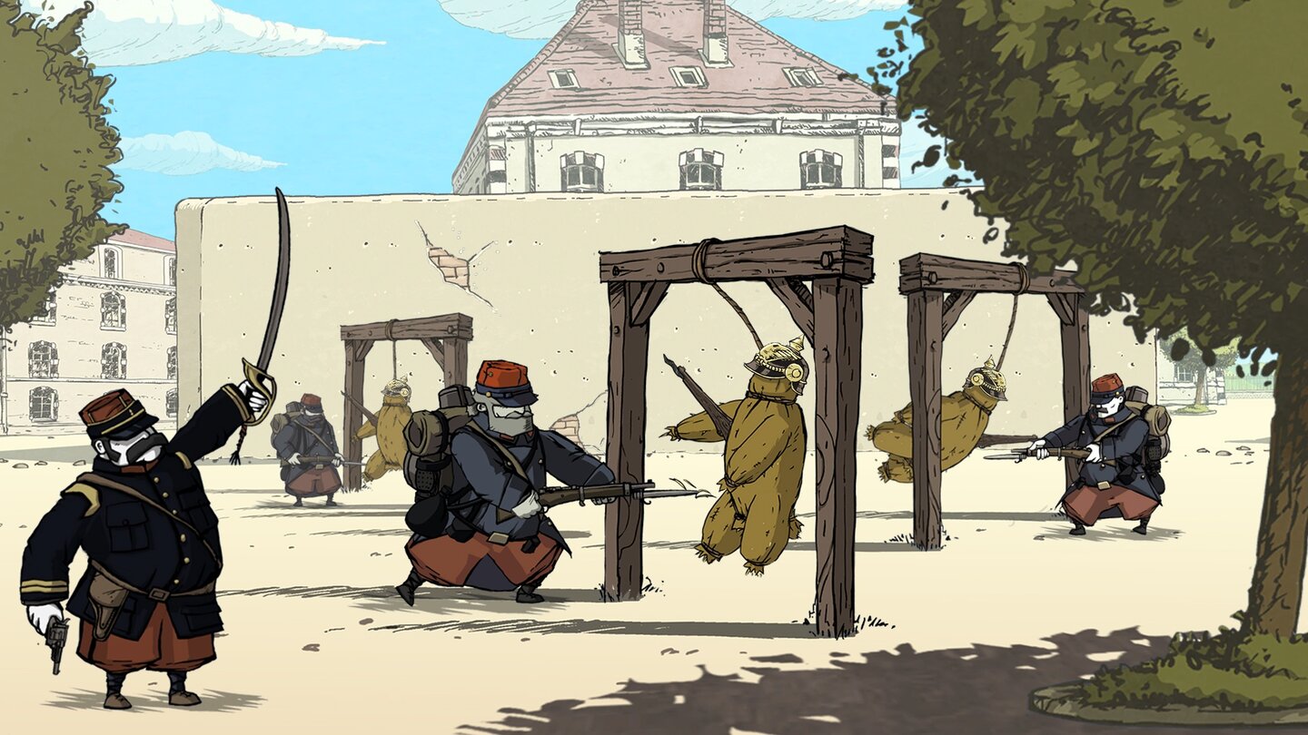 Valiant Hearts (2014)Im UbiArt-Adventure Valiant Hearts erlebt der Spieler den Ersten Weltkrieg aus der Sicht des Französischen Bauers Emile, seines deutschen Schwiegersohns Karl, seines amerikanischen Kameraden Freddie und der belgischen Krankenschwester Anna. Die Protagonisten erledigen im Laufe der Kampagne simple Kombinationsrätseln, Kletter- und Kampfeinlagen und werden dabei an vorderster Front Zeuge des Kriegsgräuels.