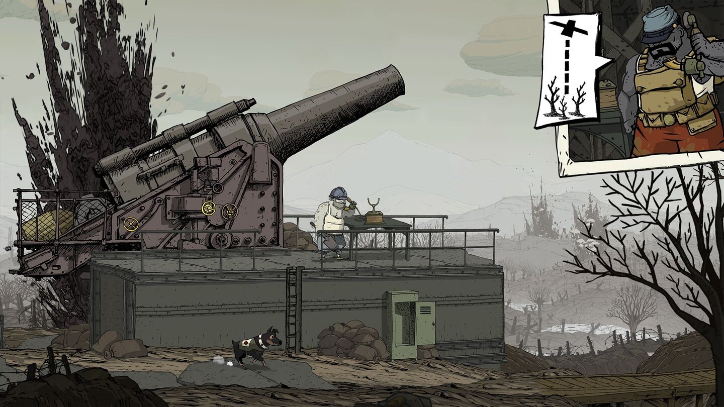 Valiant Hearts: The Great WarEin klassisches Rätsel: Erst müssen wir die Kanone reparieren, dann das richtige Ziel anvisieren.