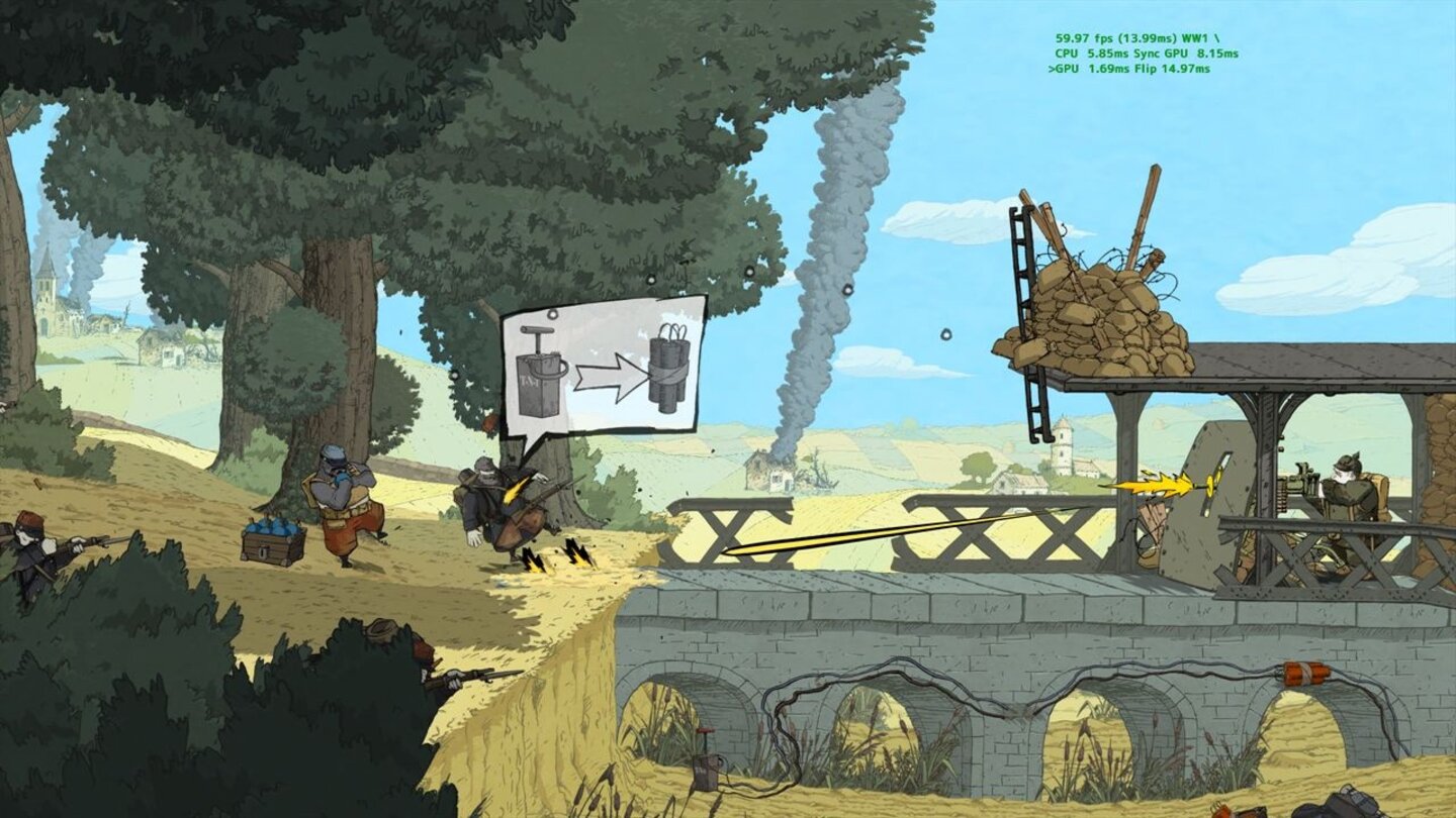 Valiant Hearts: The Great WarSterbend im MG-Feuer gibt der Soldat einen (sehr offensichtlichen) Tipp fürs nächste Rätsel.