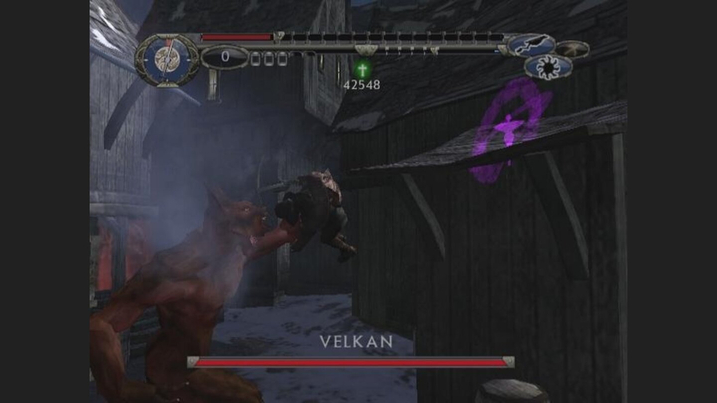 Velkan grabs Van Helsing as if he were a doll.