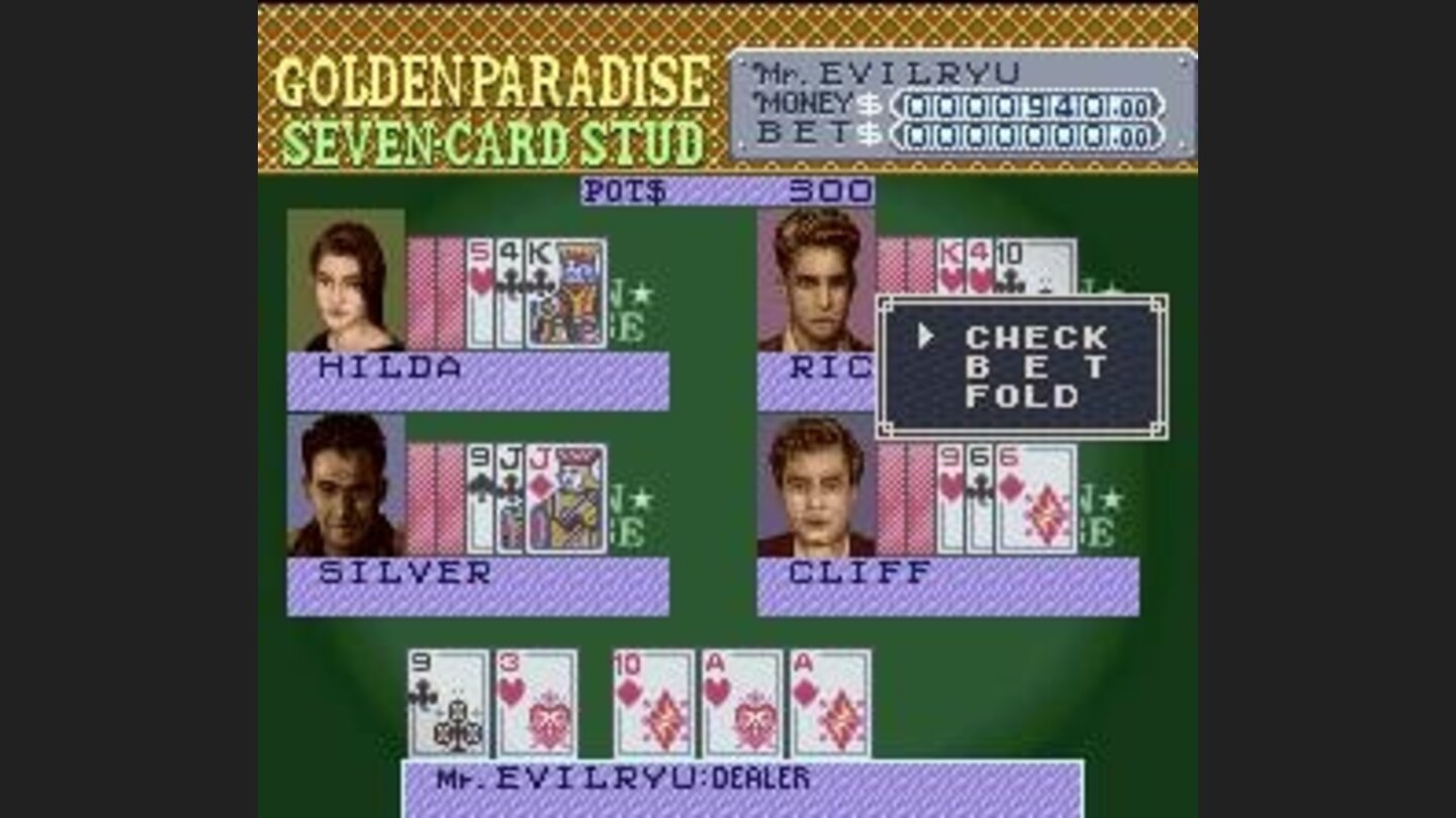 Seven-Card Stud Poker match in course: the opponents (as well as you) have good cards at hands!