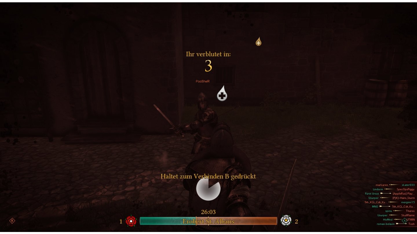 War of the RosesViele Waffen verursachen Blutungen, die tödlich enden, wenn der Spieler sich nicht innerhalb von 10 Sekunden verbindet.