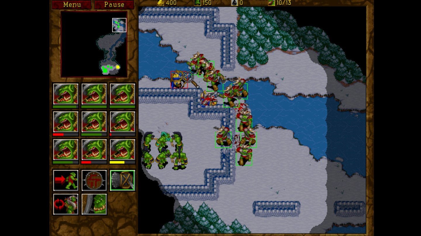 59. Warcraft 2 (1995)
Auch in Warcraft 2: Tides of Darkness bekriegen sich Menschen und Orks in Echtzeit. Dank des Erfolgs des Vorgängers konnte man jedoch etwas professioneller werden und an den Details wie der Steuerung (endlich mehrere Einheiten auf einmal auswählen!) oder der KI arbeiten. Auch der »Nebel des Krieges« wurde zum ersten Mal in Warcraft 2 eingesetzt, sodass wir uns erstmals vorsichtig über die Karte bewegen mussten.