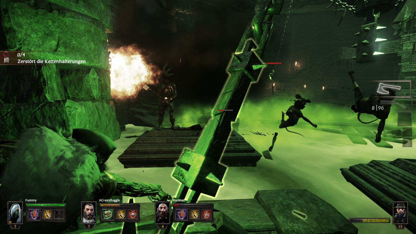 Warhammer: The Endtimes - VermintideIn dieser Mission müssen wir die Verankerungen eines riesigen Giftbottichs zerschlagen.