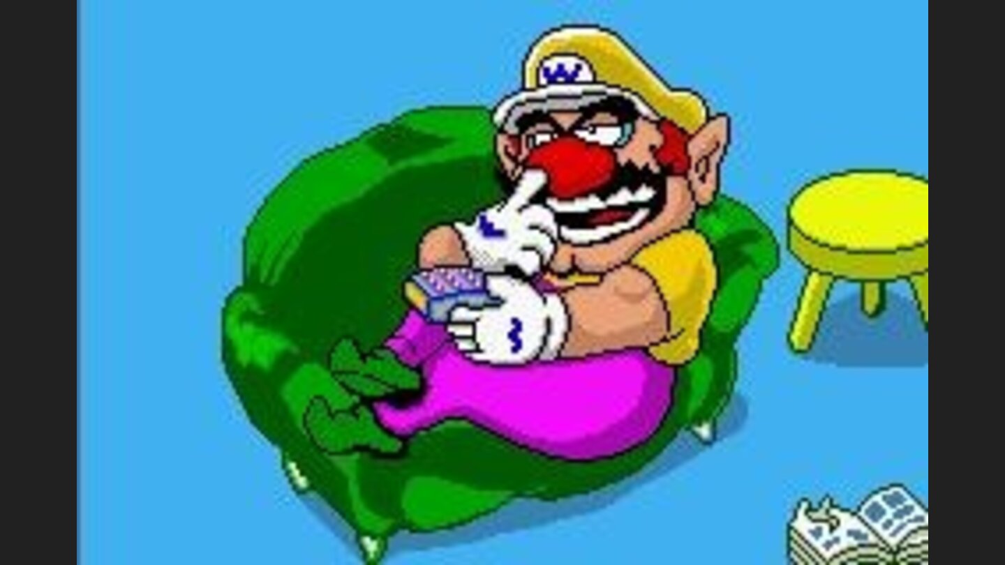 Wario lying on his couch and pickin at it.