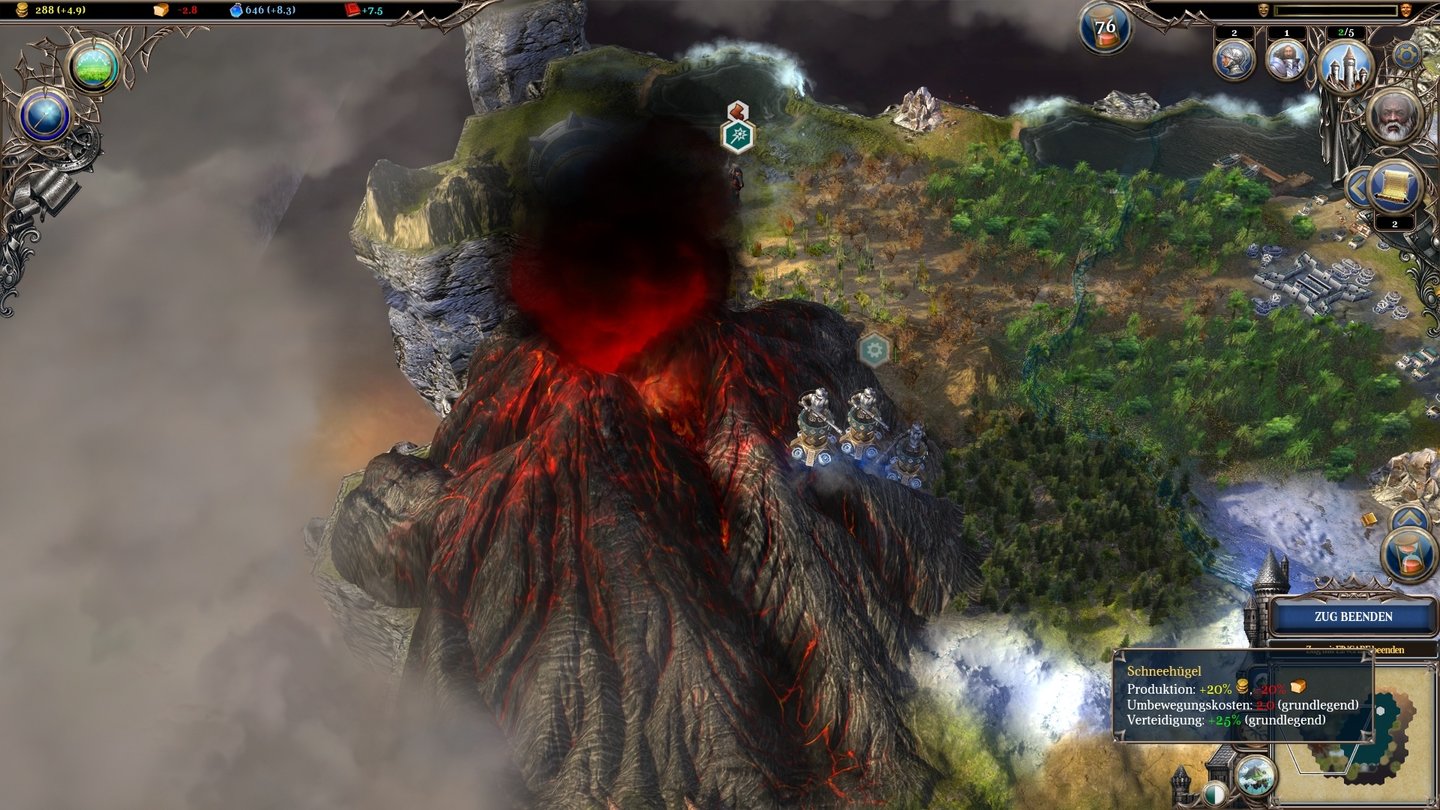 Warlock 2: The ExiledJetzt schlägt es aber dreizehn: Sogar einen Vulkan hat ein mißliebiger Magierkollege in unserem Territorium ausbrechen lassen. Wir können das rückgängig machen, es erfordert allerdings multiple Anwendungen des »Land absenken«-Zaubers.