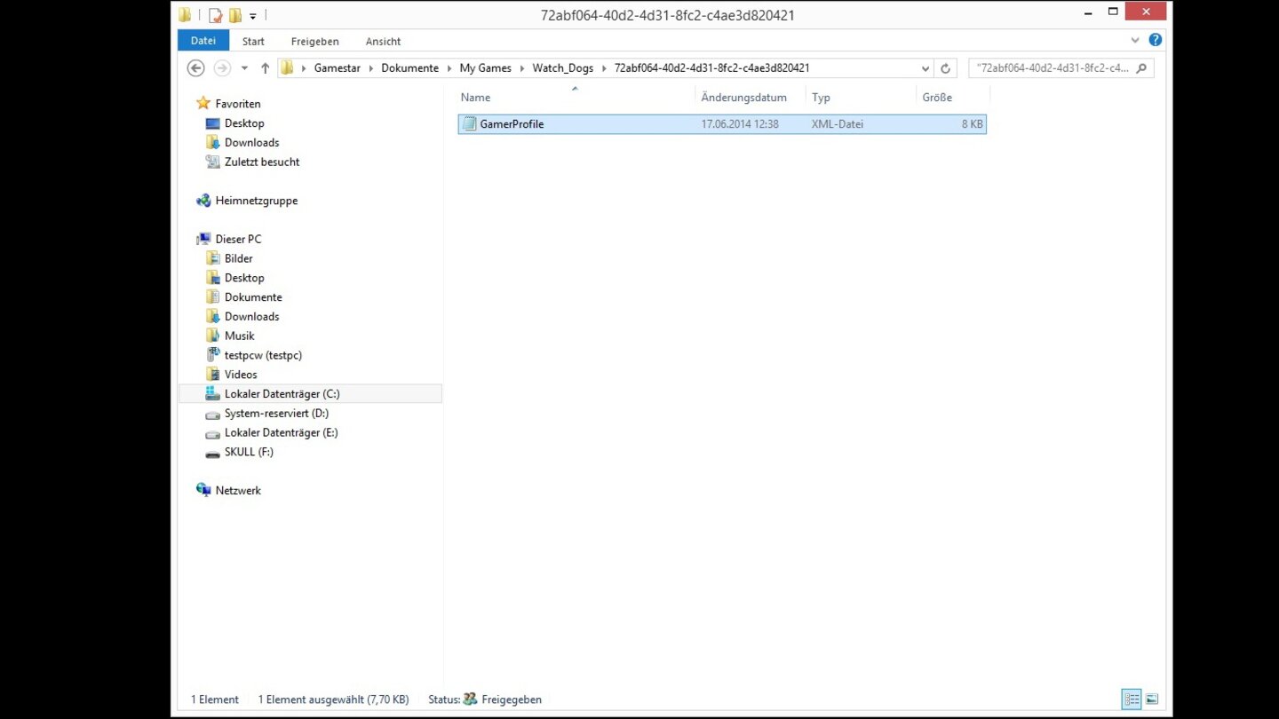 Danach navigieren Sie in den Ordner »Watch_Dogs« in den »Eigenen Dokumenten«. Darin befindet sich »GamerProfile.xml«.