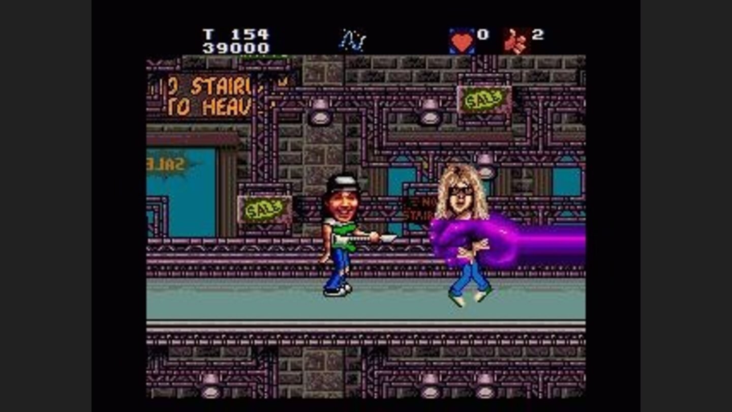 Garth is grabbed by the purple hand at the end of each level.