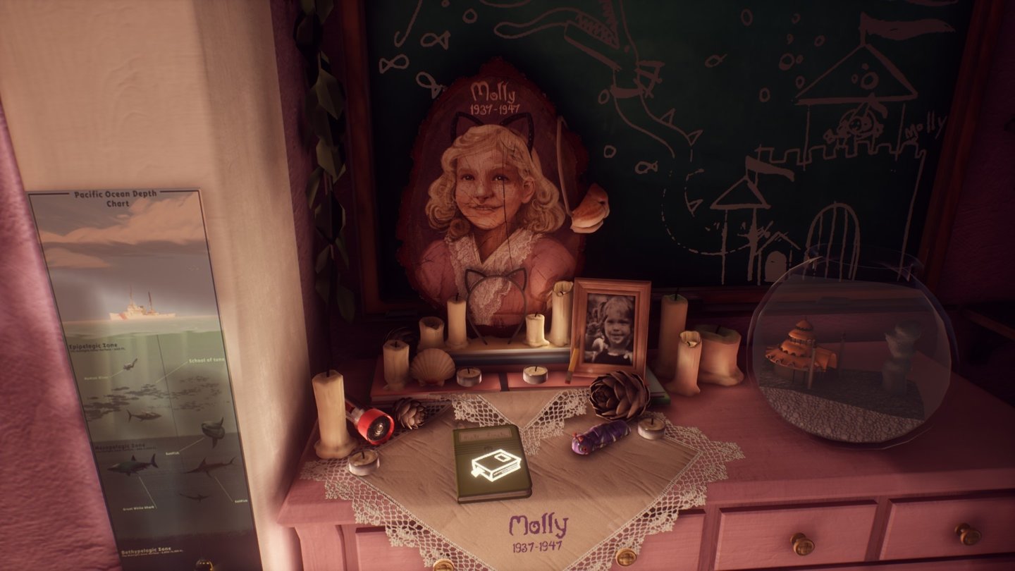 Jedes verstorbene Familienmitglied hat einen Altar. Das Buchsymbol zeigt, dass wir hier eine Geschichte entdecken - und spielen - können.