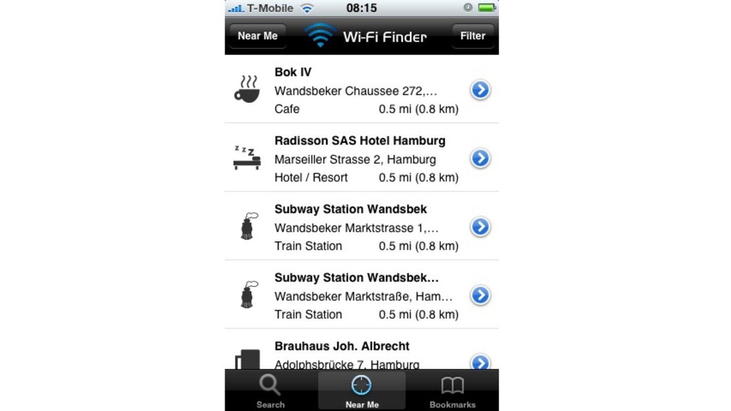 Wi-Fi FinderWi-Fi Finder findet Hotspots auf der ganzen Welt. Die App unterscheidet zwischen Gratis- und Bezahl-Zugängen. Das Programm selbst benötigt allerdings auch eine Internetverbindung.