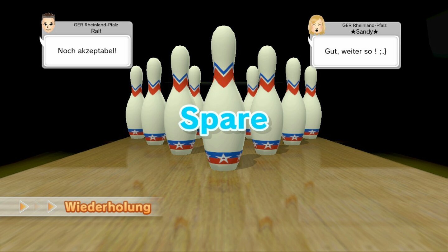 Wii Sports ClubDie Kamera zoomt beim Bowling direkt an die Pins heran und zeigt euch, wie gut ihr gezielt habt. Hier hat’s immerhin zum Spare gereicht.