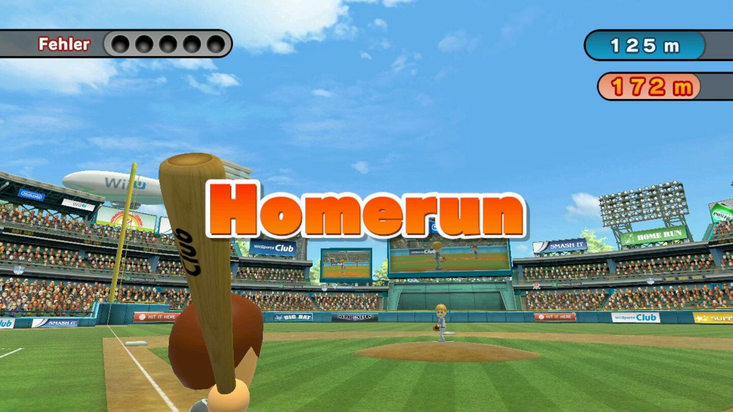 Wii Sports ClubHier geben wir beim Baseball im Trainingsspiel den Homerun-Helden: Je weiter der Ball fliegt, desto besser; nach fünf Fehlversuchen ist Schluss.